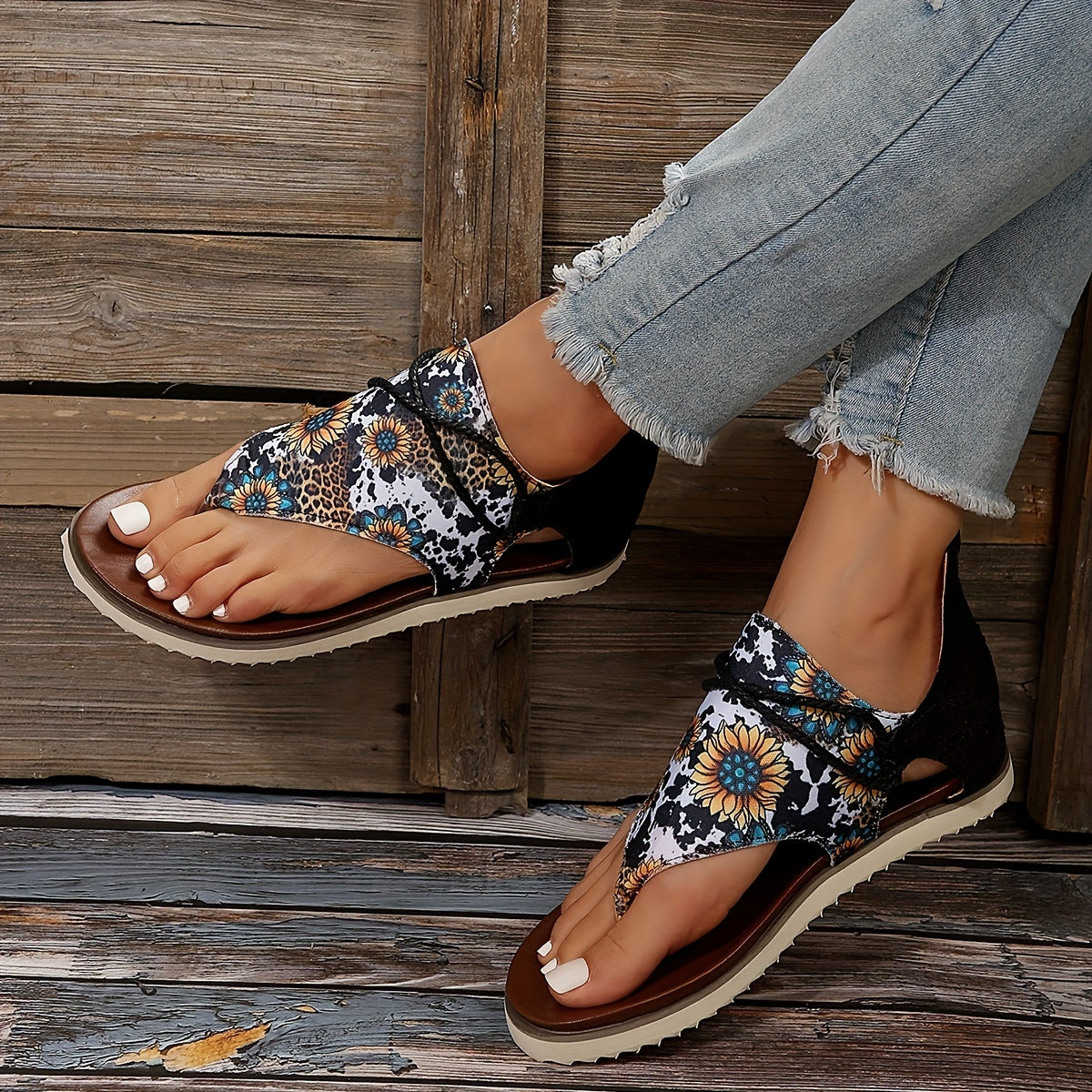 Flip-Flops mit Sonnenblumen Leopard Print und Batik-Muster