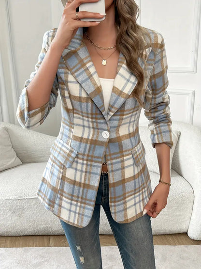 Plaid Damenblazer in Hellblau – Eleganter Langärmeliger Büro-Look