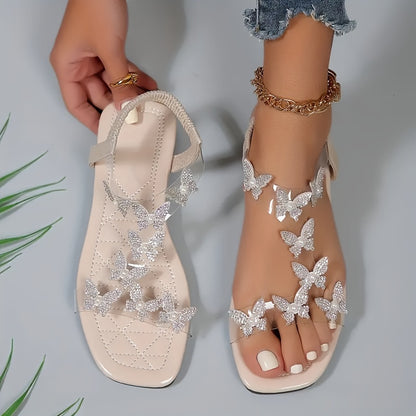 Flache Sandalen mit Strass-Schmetterlingen für Damen, Leichte Sommer
