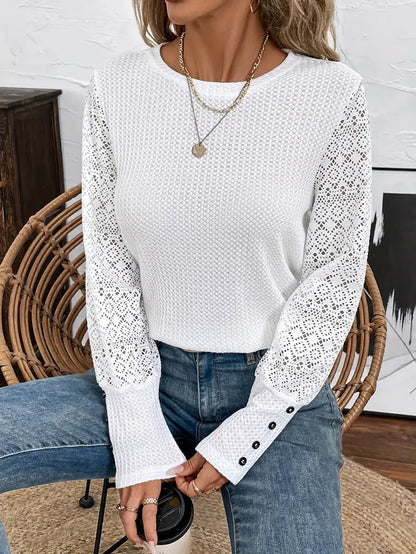 Top mit Rundhalsausschnitt und Knopfdekor aus Spitze, Elegante Frauen Bluse in Weiß