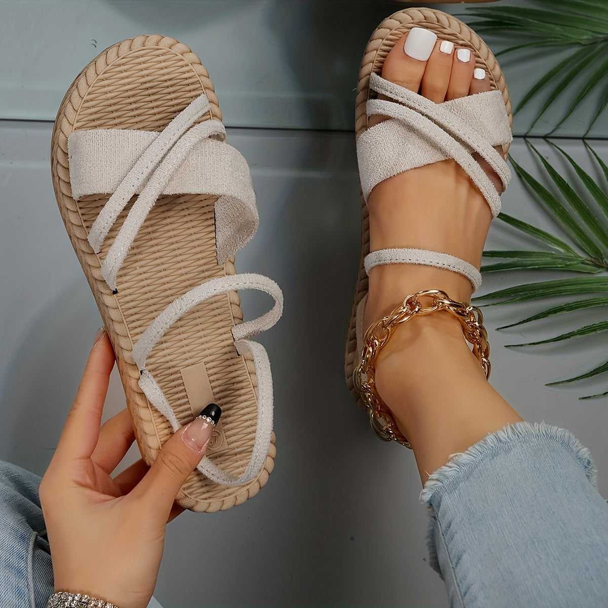 Damen Flache Sandalen, Offene Zehen Cross Strap Rutschfeste