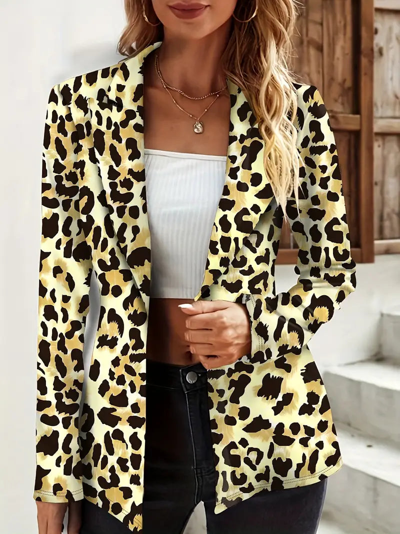 Leopard Print Blazer mit Ein-Knopf, Lässiges Revers Langarmshirt Damenjacke