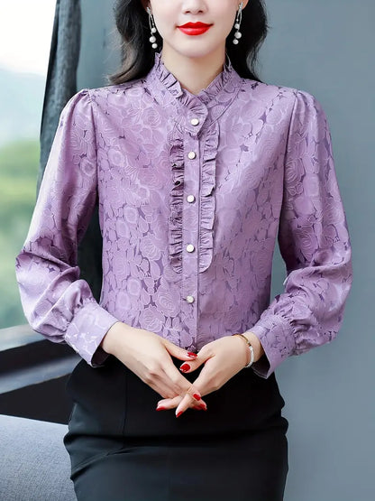 Langarm Button-Down Bluse – Elegante Polyester Bluse mit Stehkragen