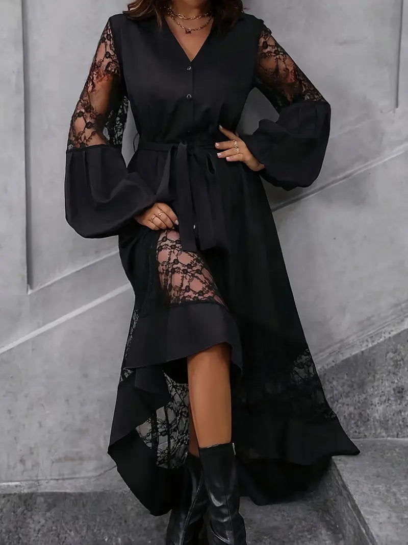 Elegantes Damen V-Ausschnitt-Kleid mit Knopfleiste und Spitzendetails