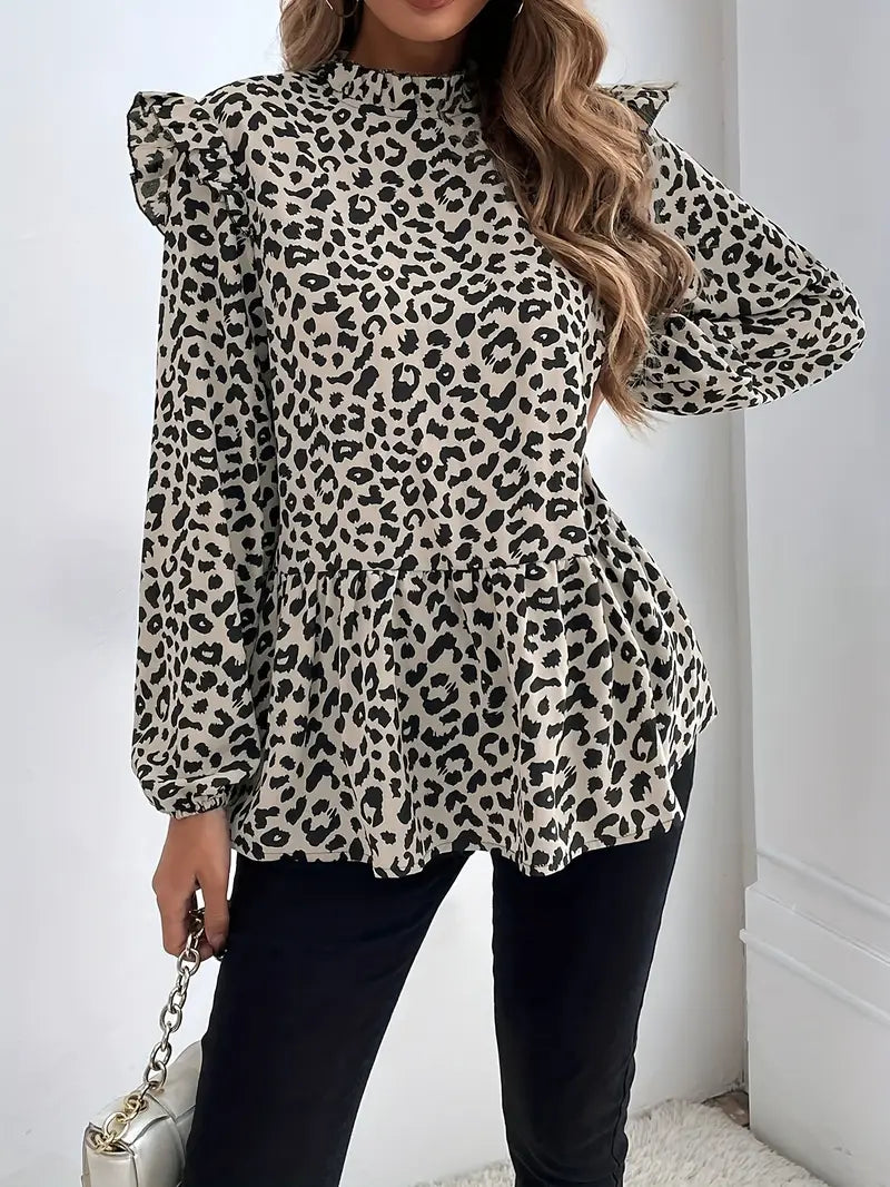 Leopardenmuster-Bluse mit Rüschen, Elegante Langarmbluse