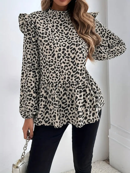 Leopardenmuster-Bluse mit Rüschen, Elegante Langarmbluse