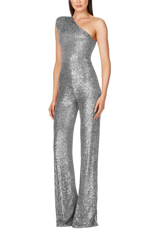 Weit Geschnittener Pailletten Jumpsuit Für Damen | Ein Schulter