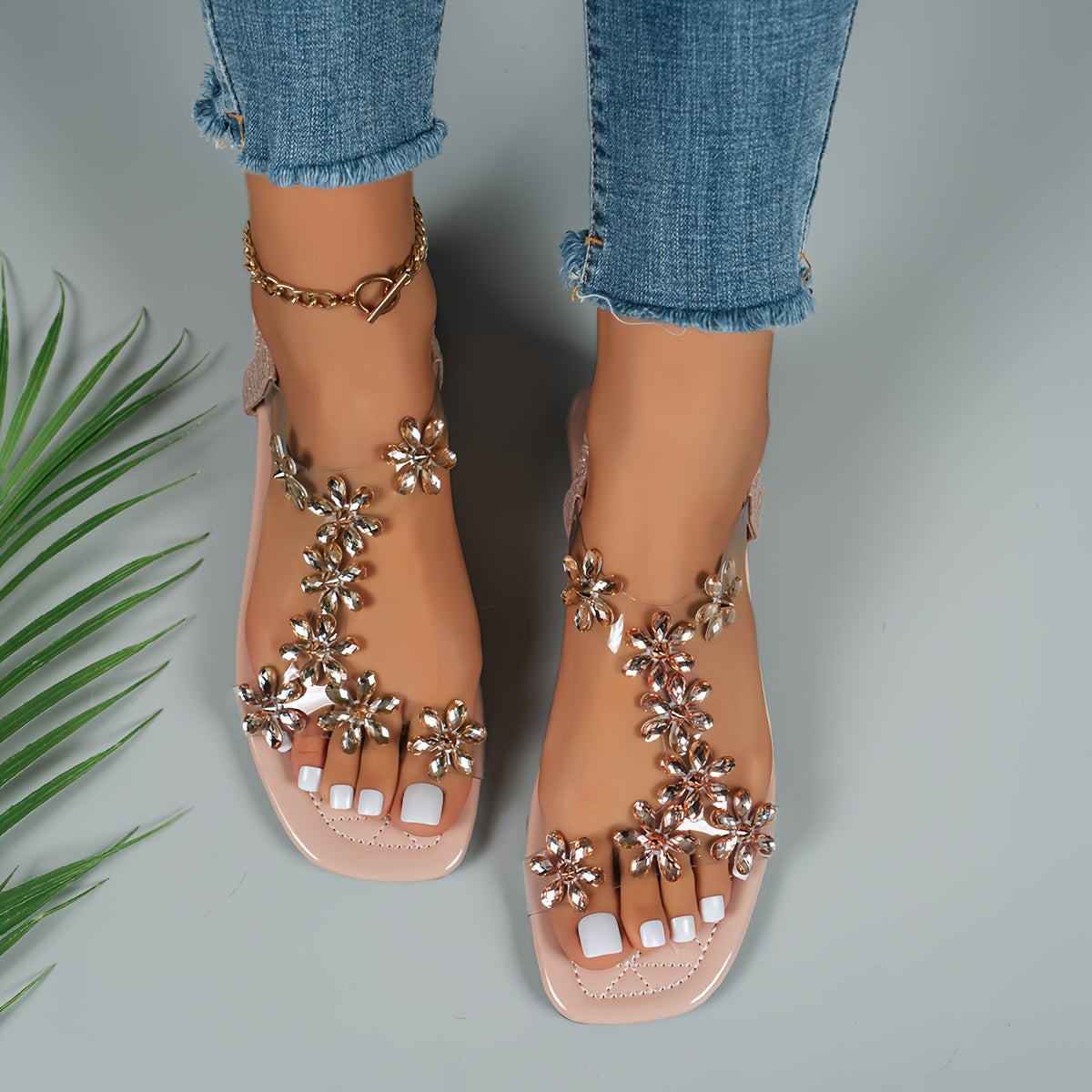 Flache Sandalen mit Strass-Schmetterlingen für Damen, Leichte Sommer