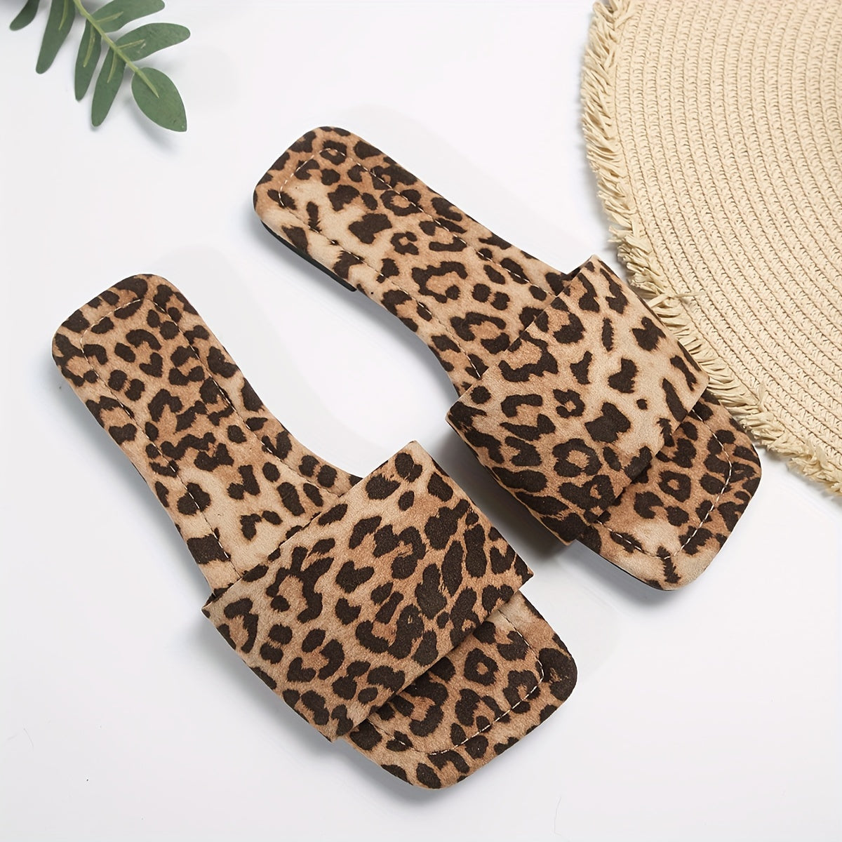 Leopard Flach Sandalen, Bronze Slip-On Leichte Strandschuhe