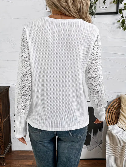 Top mit Rundhalsausschnitt und Knopfdekor aus Spitze, Elegante Frauen Bluse in Weiß