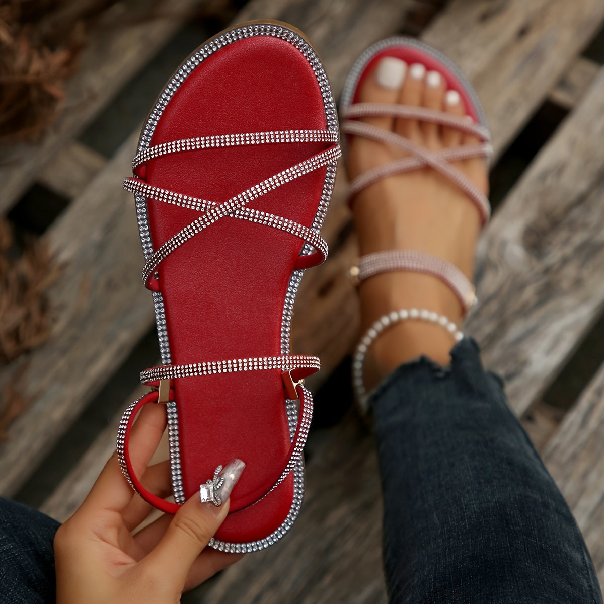 Strass Sandalen & Slipper – Glitzernde Zwei-Wege-Sommerschuhe