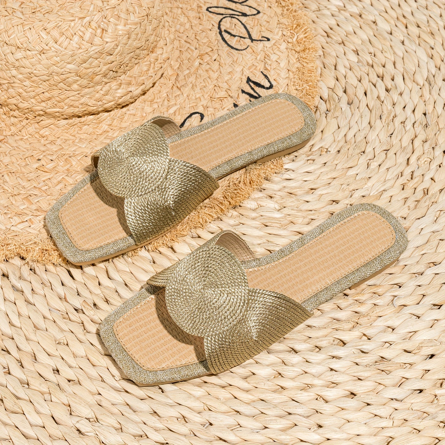 Gewebte Flache Slip-On Schuhe mit Geometrischer Stickerei, TPR-Sohle, Apricot