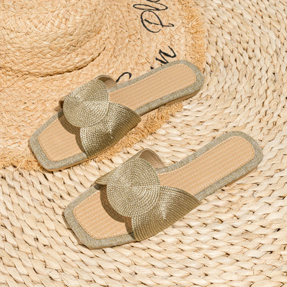 Gewebte Flache Slip-On Schuhe mit Geometrischer Stickerei, TPR-Sohle, Apricot