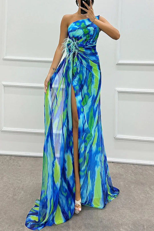 Damen Ein-Schulter Bedrucktes Hochzeitsgast Kleid | Maxi