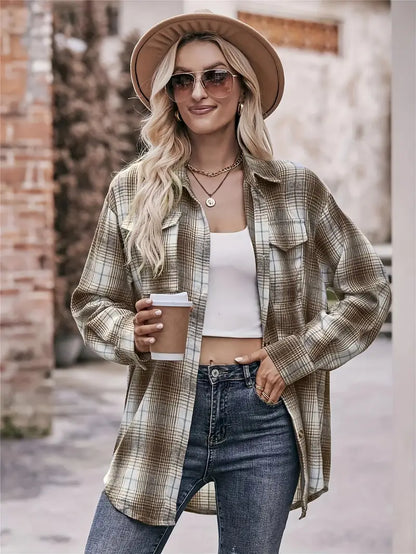 Plaid Knopfleiste Bluse, Elegante Langarm Hemdbluse für Frauen