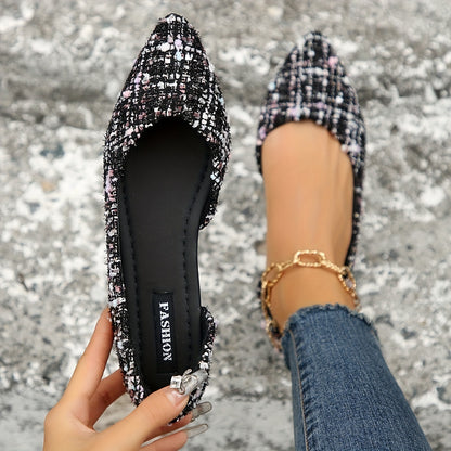 Elegante spitze Zehe Flats, Seite Ausgeschnittener Tweed-Slip-On Schuhe