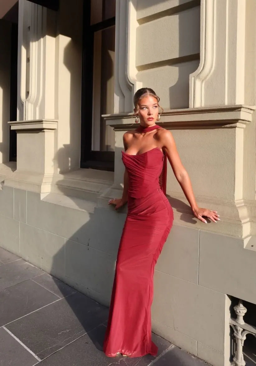 Rot Trägerloses Hochzeitsgast Kleid Für Damen | Maxi