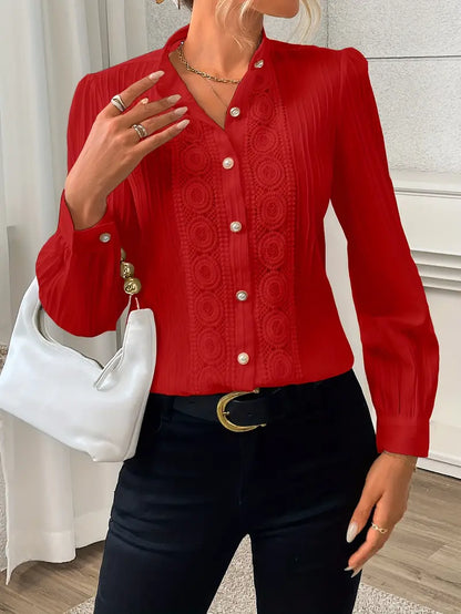Langarm Bluse mit Spitze – Einfarbig, Texturiert, Knopfleiste
