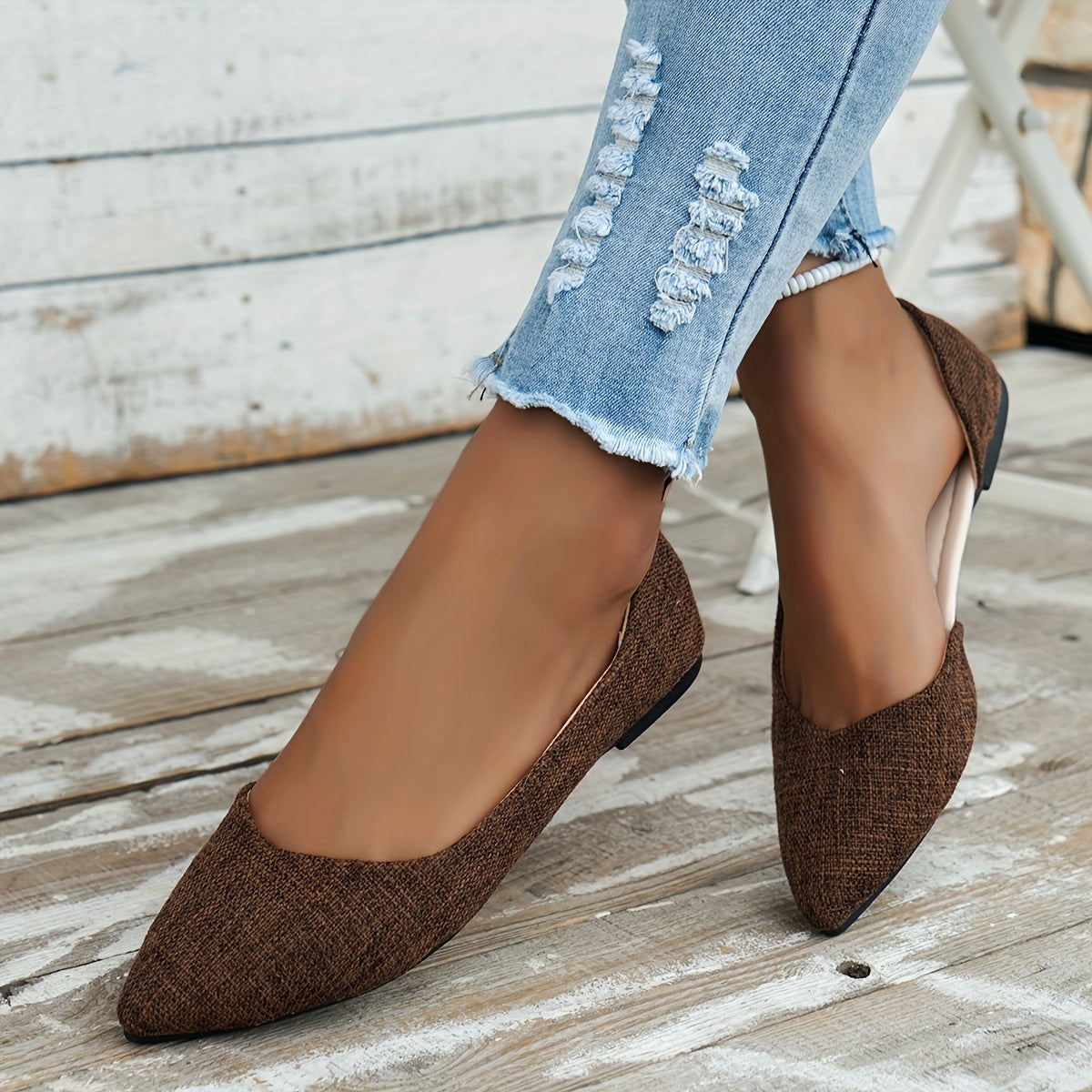 Elegante spitze Zehe Flats, Seite Ausgeschnittener Tweed-Slip-On Schuhe