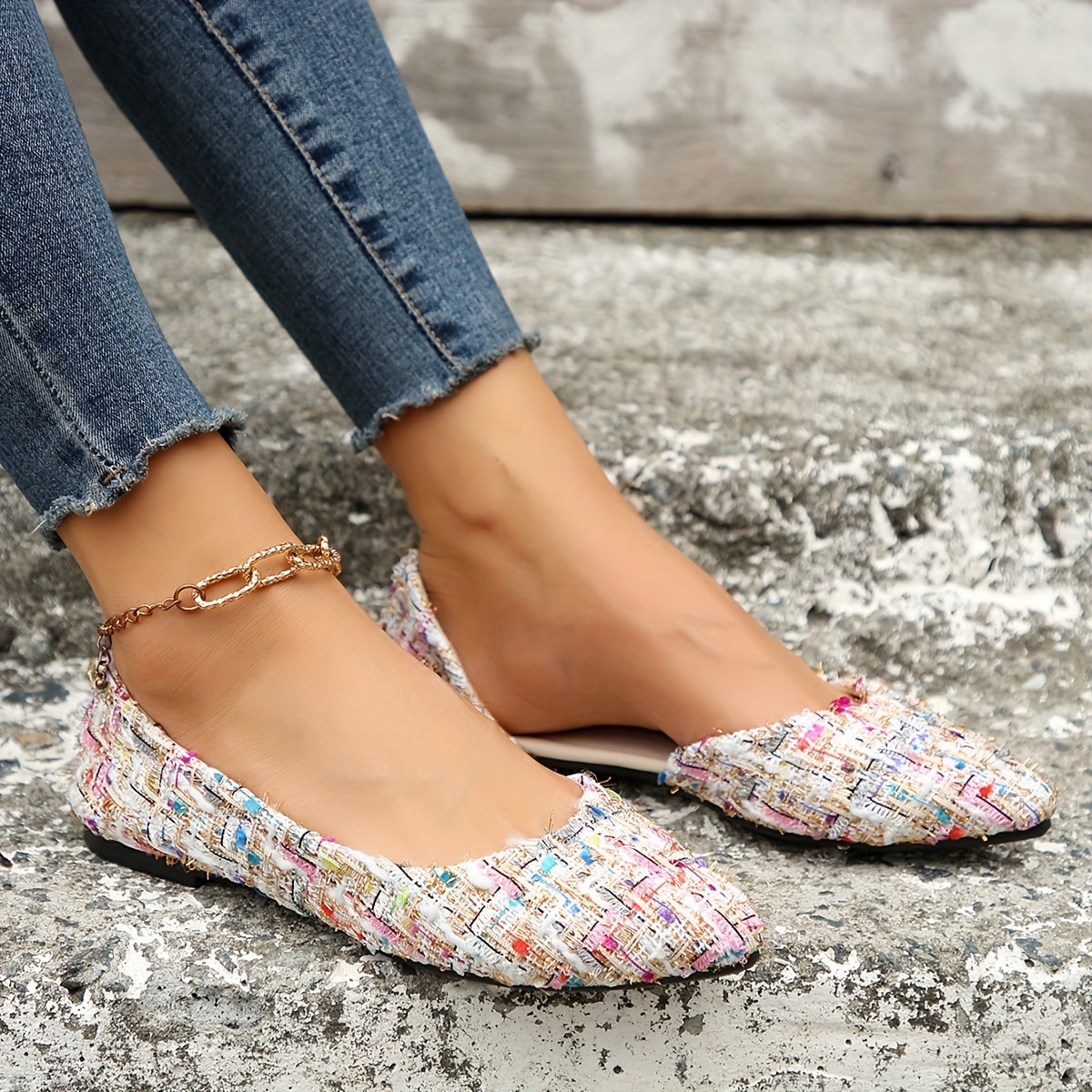 Elegante spitze Zehe Flats, Seite Ausgeschnittener Tweed-Slip-On Schuhe