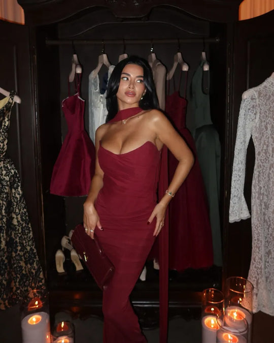 Rot Trägerloses Hochzeitsgast Kleid Für Damen | Maxi