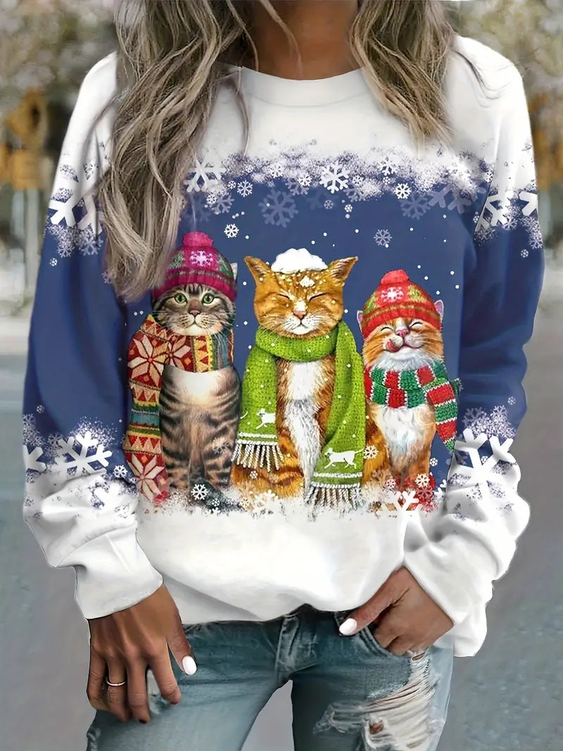 Weihnachtspullover Damen mit Katzendruck & Schneeflockendesign | Langarm