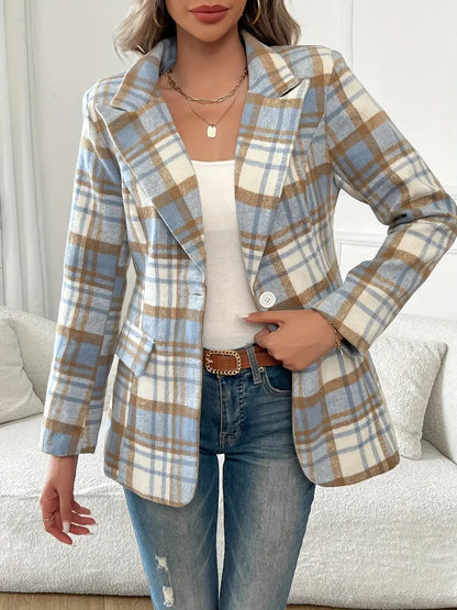 Plaid Damenblazer in Hellblau – Eleganter Langärmeliger Büro-Look