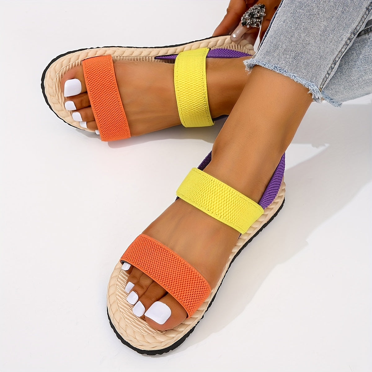 Offene Zehen, Elastische Riemen Slip-On, Imitation Espadrille Sohle, Strandschuhe