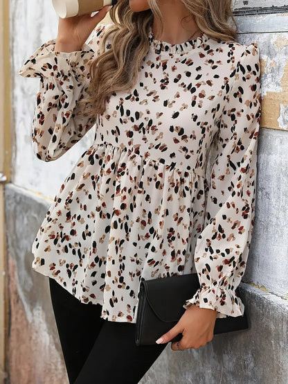 Damenbluse mit Allover-Print, Volantärmeln und Rüschen