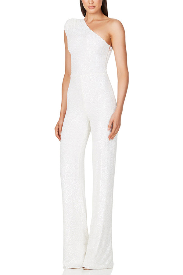 Weit Geschnittener Pailletten Jumpsuit Für Damen | Ein Schulter