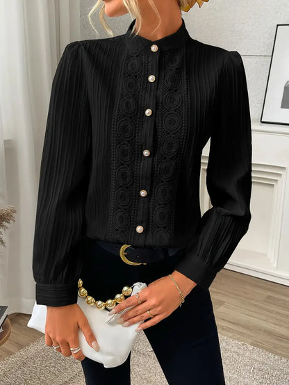 Langarm Bluse mit Spitze – Einfarbig, Texturiert, Knopfleiste