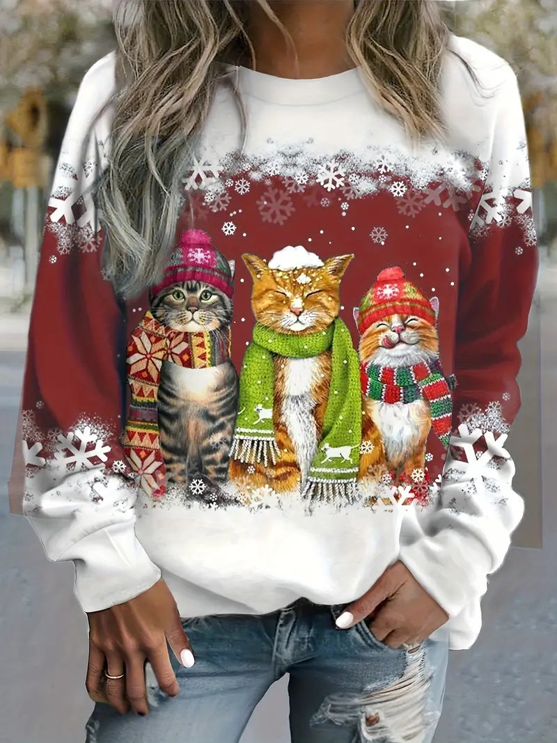 Weihnachtspullover Damen mit Katzendruck & Schneeflockendesign | Langarm