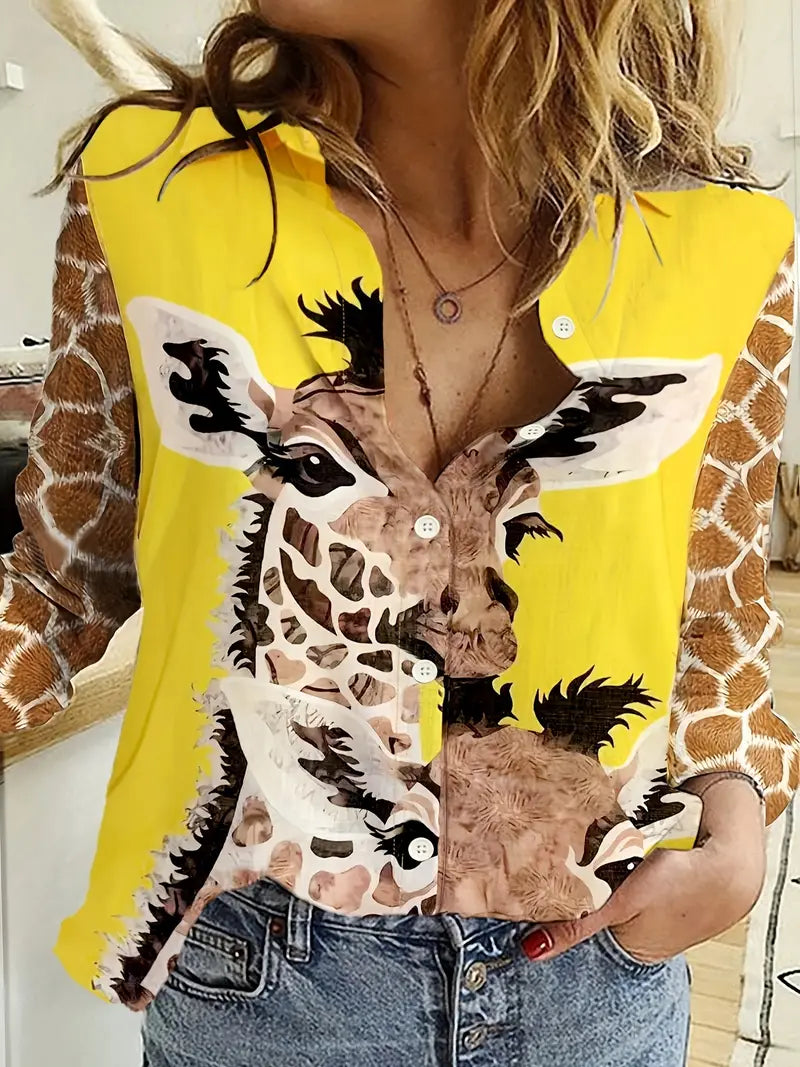 Damen Giraffenmuster Langarmbluse, Lässiges Button-Up