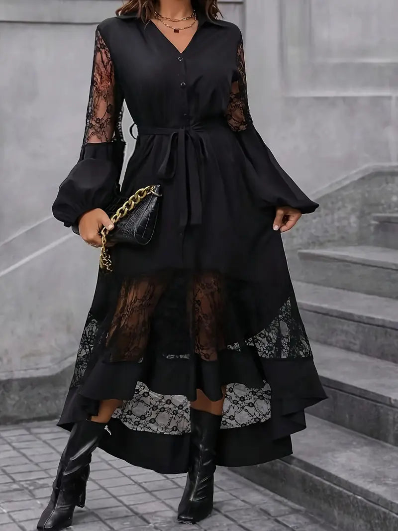 Elegantes Damen V-Ausschnitt-Kleid mit Knopfleiste und Spitzendetails