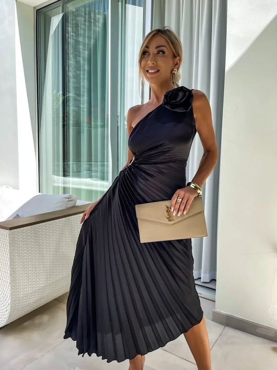 Damen Ein-Schulter Formal Plissee Hochzeit Gast Kleid | Midi