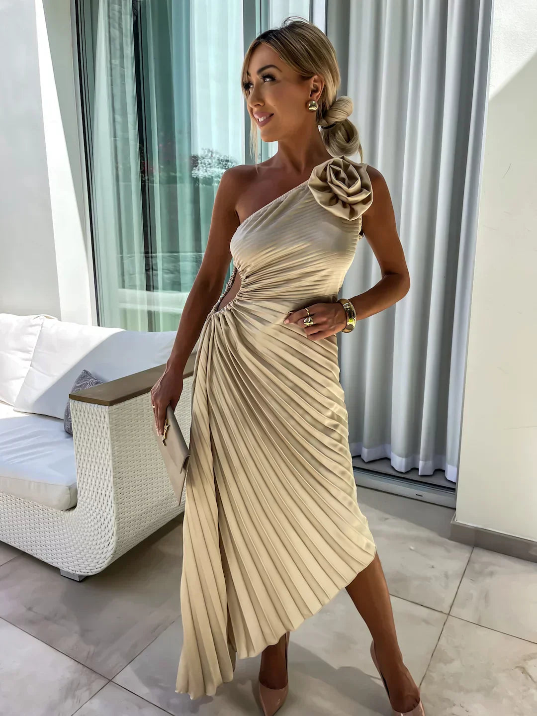 Damen Ein-Schulter Formal Plissee Hochzeit Gast Kleid | Midi
