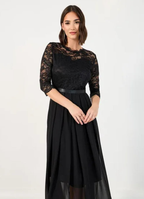 Schwarz Spitzenkleid Mit 3/4 Ärmeln Für Damen | Maxi