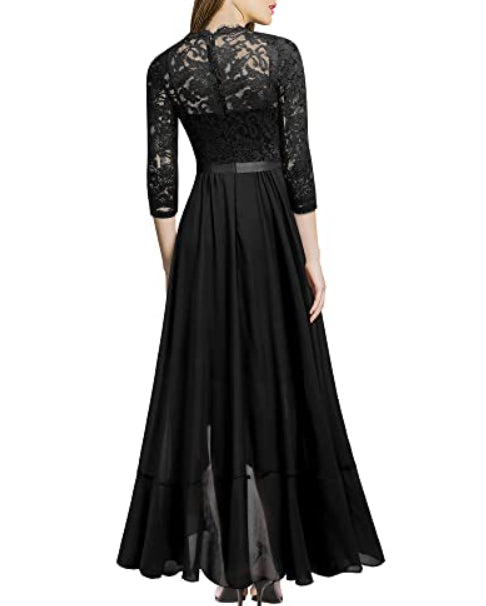Schwarz Spitzenkleid Mit 3/4 Ärmeln Für Damen | Maxi