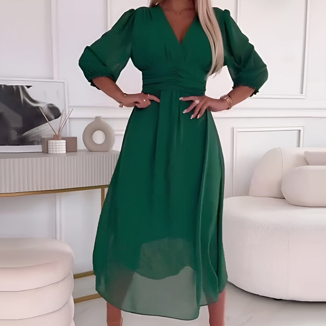 Damen V-Ausschnitt 3/4 Ärmel Hochzeitsgast Kleid | Midi
