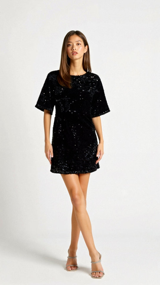 Kurzärmliges Paillettenkleid für Damen | Mini