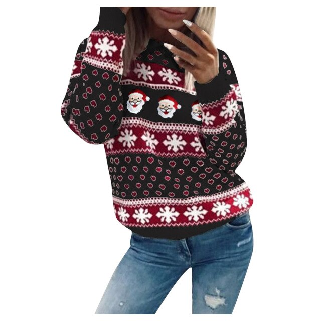Weihnachtsmann-Schneeflocken-Strick Weihnachtspullover Damen | Langarm