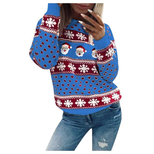 Weihnachtsmann-Schneeflocken-Strick Weihnachtspullover Damen | Langarm