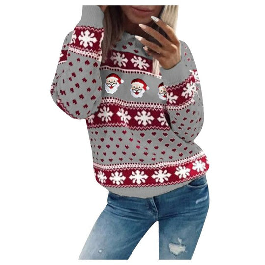Weihnachtsmann-Schneeflocken-Strick Weihnachtspullover Damen | Langarm
