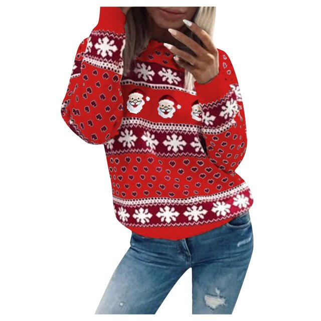 Weihnachtsmann-Schneeflocken-Strick Weihnachtspullover Damen | Langarm