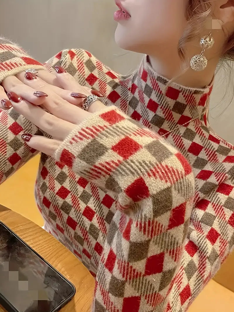 Eleganter Damenstrickpullover - Hoher Ausschnitt, Color Block