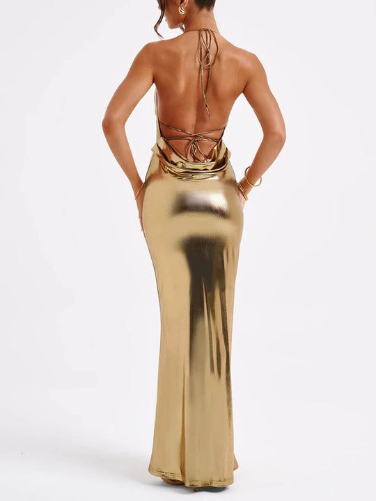 Glänzendes Rückenfreies Ballkleid Für Damen | Maxi