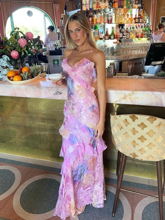 Damen Elegantes Pastellfarbenes Rüschen-Hochzeitsgastkleid | Maxi
