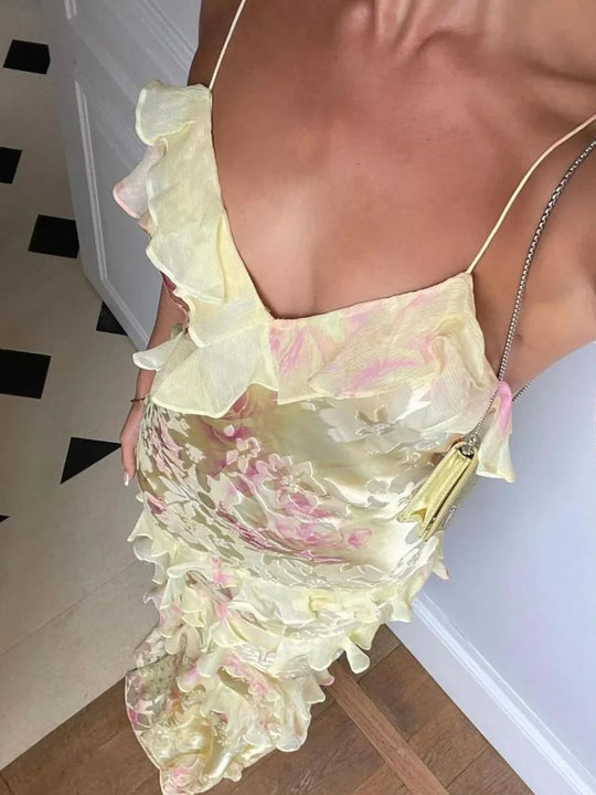 Damen Elegantes Pastellfarbenes Rüschen-Hochzeitsgastkleid | Maxi