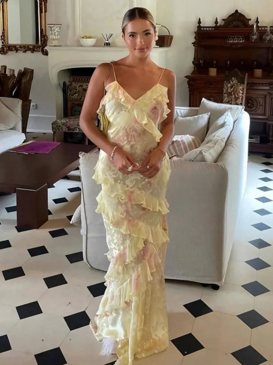 Damen Elegantes Pastellfarbenes Rüschen-Hochzeitsgastkleid | Maxi