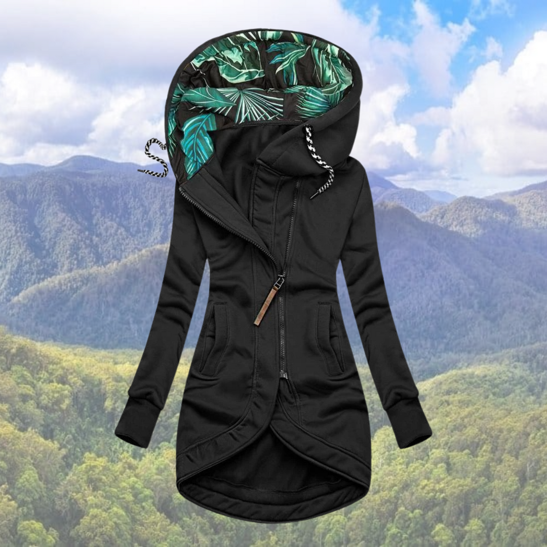 Damen Lange Freizeitjacke mit Kapuze | Reißverschluss